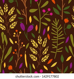 Herbal seamless pattern. Vector background with botanical elements, plants and florals. Autumn leaves print