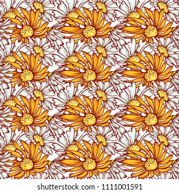 Herbal seamless pattern. Vector sketch background with gerberas and daisies design printing fabric.