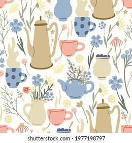 Herbal seamless pattern with wild flowers, lemons, desserts, mugs,  tea and coffee pots on light yellow. Summer morning mood. Great textile for throw pillow, phone cases, bed linens, wallpaper.