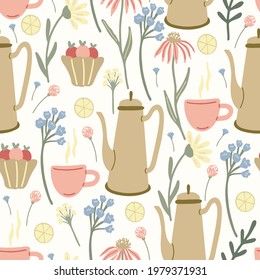 Herbal seamless pattern with wild flowers, lemons, desserts, cups and coffee pots on light yellow background. Summer morning mood. Great textile for throw pillow, phone cases, bed linens, wallpaper.