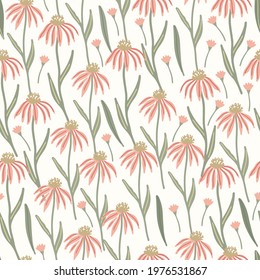 Herbal seamless pattern with wild or meadow  echinacea flowers on light yellow background. Summer floral print. Great textile for throw pillow, phone cases, bed linens, wallpaper.