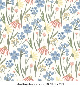 Herbal  seamless pattern with wild or meadow flowers  on light yellow background. Summer floral print. Great textile for throw pillow, phone cases, bed linens, wallpaper.