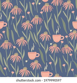 Herbal seamless pattern with wild or meadow echinacea flowers and tea cups on blue background. Summer floral print. Great textile for throw pillow, phone cases, bed linens, wallpaper.