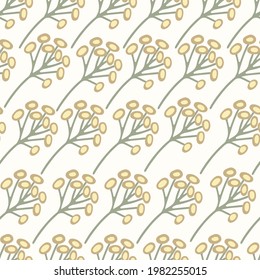 Herbal seamless pattern with wild or meadow  german chamomile flowers on light yellow background. Summer floral print. Great textile for throw pillow, phone cases, bed linens, wallpaper.