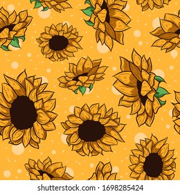 Herbal seamless pattern. Yellow sunflowers repetitive background. Spring and summer bright and yellow flowers.