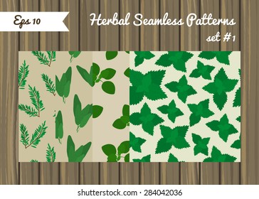 Herbal seamless patterns with rosemary, sage, oregano and mint on wooden backdrop. Set # 1.
