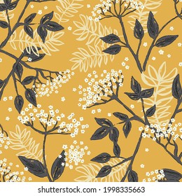 Herbal Seamless Repeat Pattern with Watercolor Elderberry Flower Elements on Yellow Background. Summer Flourish Design good for wallpaper, fabric, backgrounds, packaging and more.