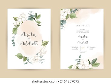 Herbal selection vector frames. Hand painted branches, leaves on white background. Greenery wedding simple minimalist invitations. Watercolor style cards.