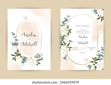 Herbal selection vector frames. Hand painted branches, leaves on white background. Greenery wedding simple minimalist invitations. Watercolor style cards.