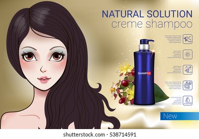 Herbal Shampoo ads. Vector Illustration with Manga style girl and shampoo bottle.