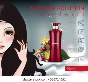 Herbal Shampoo ads. Vector Illustration with Manga style girl and shampoo bottle.