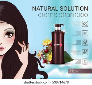 Herbal Shampoo ads. Vector Illustration with Manga style girl and shampoo bottle.