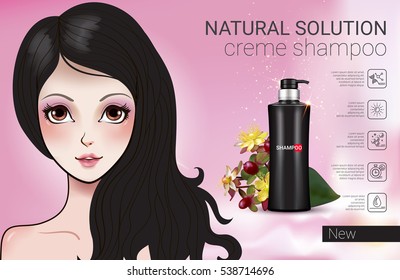 Herbal Shampoo ads. Vector Illustration with Manga style girl and shampoo bottle.
