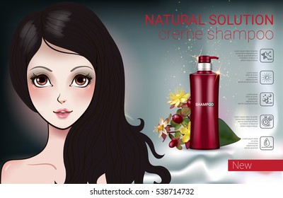 Herbal Shampoo ads. Vector Illustration with Manga style girl and shampoo bottle.