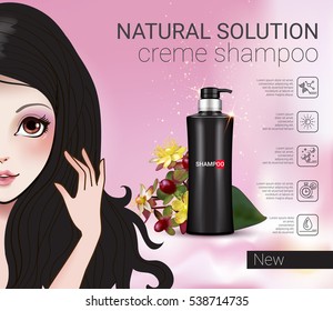 Herbal Shampoo ads. Vector Illustration with Manga style girl and shampoo bottle.