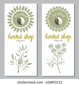 Herbal shop, organic banners. 100% natural. Herbs, flowers, yin and yang. Hand written font