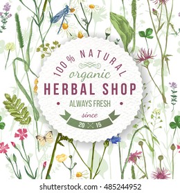 Herbal shop round emblem over wild herbs and flowers pattern. Easy to use in your organic and eco friendly designs
