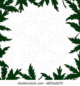 Herbal square frame greeting card of Aconitum napellus. border of big green leaves for your artwork