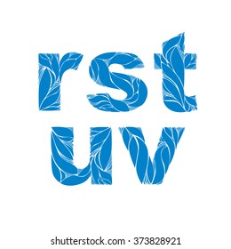 Herbal style blue vector font, typeset with floral elegant ornament. r, s, t, u, v, lowercase letters.