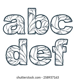 Herbal style decorative beautiful font, typeset with floral elegant ornament. A, b, c, d, e, f, lowercase letters.