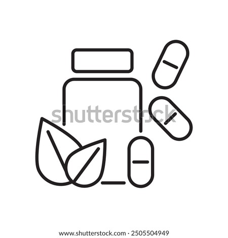 Herbal supplement bottle icon. Capsules and leaf detail. Minimal black and white outline. Clean vector style.