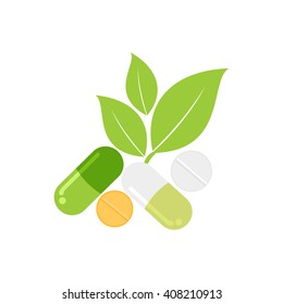 Herbal tablet and capsule with green leaf, Isolated on white background. Medical, pharmacy, health care, herbal treatments medicine creative logo, symbols and icons. Pharmacy logo sign. Vector 
