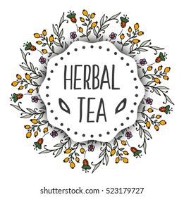 Herbal tea background. Round frame organic herbs and wild flowers. Hand sketched briar illustration. Flower and leaves branches. Floral vector design.