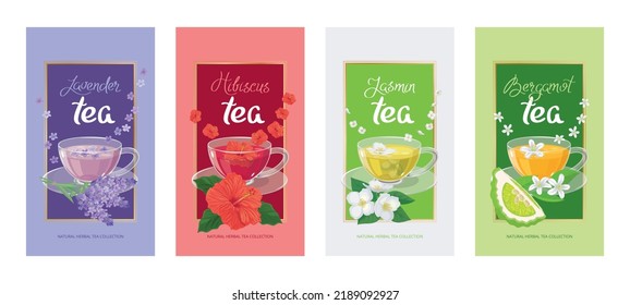 Herbal tea background set with glass cups, flowers and leaves, handwritten lettering. Tea label template with lavender, hibiscus, jasmine and bergamot. Banner, flyer, invitation