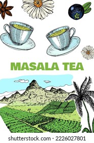 Herbal Tea bag card. Teapot, cup, sugar, plants, landscape, raspberries, croissant, lemon, chamomile Poster or banner. Ingredients for shop frame. Engraved style.