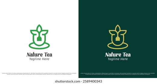 Herbal tea bag logo design illustration vector. Silhouette of herbal black tea drink health medical pharmacy green tea. Simple minimal elegant abstract vector icon symbol.