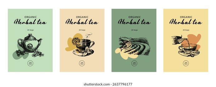 Herbal tea banner set with vintage teapot, cup, herbs, plantation field. Natural eco product. Hand drawn vector illustration.