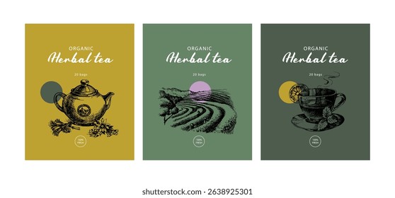 Herbal tea banner set with vintage teapot, cup, herbs, plantation field. Natural eco product. Hand drawn vector illustration.