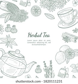 Vorlage für pflanzlichen Tee, Café, Restaurant-Menü oder Tea Shop Design handgezeichnet Vektorgrafik