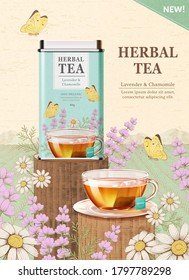 Herbal tea box design and tea cup in 3d illustration over engraved style chamomile and lavender design background