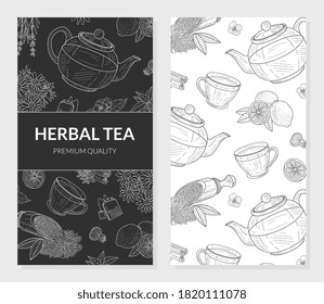 Herbal Tea Card, Cafe, Restaurant Menu or Tea Shop Design Element, Flyer, Certificate, Invitation Card, Banner Template Vector Illustration