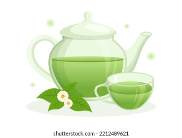 Herbal Tea with Chamomile Leaves of Health Drink Green to Increase Endurance in Template Hand Drawn Cartoon Flat Background Illustration