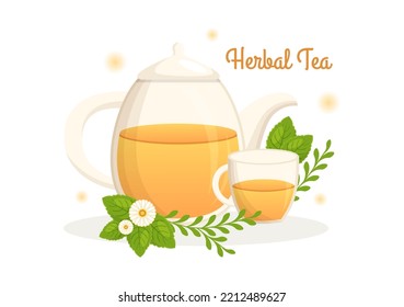 Herbal Tea with Chamomile Leaves of Health Drink Green to Increase Endurance in Template Hand Drawn Cartoon Flat Background Illustration