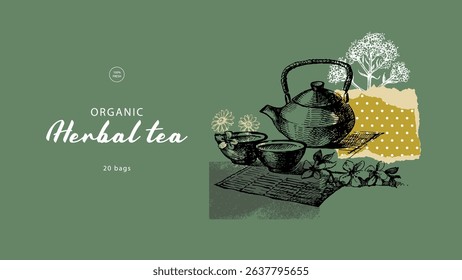 Herbal tea collage banner with vintage teapot, cup, chamomile and valerian flowers. Natural eco product. Hand drawn vector illustration.