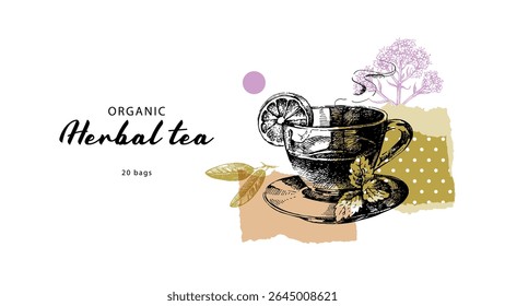 Banner de colagem de chá de ervas com xícara de chá vintage e flores de valeriana. Ecoproduto natural. Ilustração de vetor desenhada à mão.
