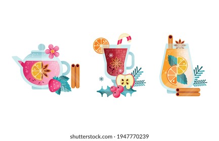 Herbal Tea Collection, Glass Transparent Cups of Healthy Medicinal Tea Flat Vector Illustration