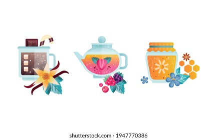 Herbal Tea Collection, Glass Transparent Cups of Healthy Aroma Drink, Cocoa, Tea, Homey Jar Flat Vector Illustration