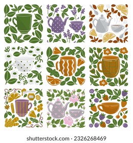 Herbal tea collection. Set of vector illustrations. Green tea, black tea, lemon, mint, berries, lavender, chamomile, orange, honey, star anise, cinnamon, ginger.