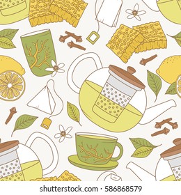 Herbal tea, colorful seamless pattern. Design backdrop vector, tea time.  Decorative wallpaper, good for printing. Background with teapot, cups, lemon, honey and clove