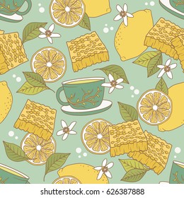 Herbal tea, colorful seamless pattern. Design backdrop vector, tea time.  Decorative wallpaper, good for printing. Background with cups, lemon and honey