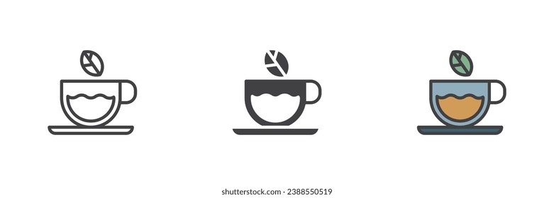 Juego de íconos de estilo diferente para la taza de té de hierbas. Línea, glifo y contorno relleno versión colorida, contorno y signo vectorial relleno. Símbolo, ilustración del logotipo. Gráficos vectoriales