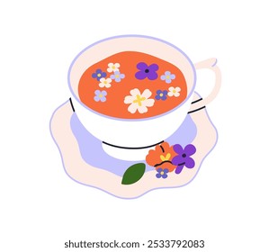 Xícara de chá de ervas com ervas florais. Bebida aromática quente com flores de campo sabor, cheiro. Natural saudável calmante calmante cura bebida. Ilustração de vetor plano isolada no plano de fundo branco