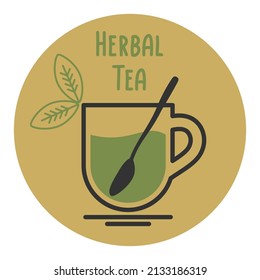 Herbal tea cup icon with teaspoon, hot drink. Simple linear vector illustration in the form of a logo or emblem for a teahouse, restaurant or cafe menu.