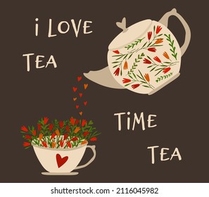 Herbal tea cup. Kettle pours tea. Tea time. Spring flowers. Hand drawn. Vector isolated.