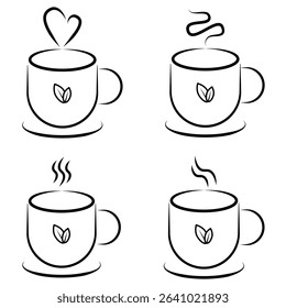 Herbal Tea Cup Minimalist Icon set. Clean and elegant line art vector icon of a steaming mug with a leaf detail, representing hot beverages, healthy living, and relaxation. Ideal for logos, web design