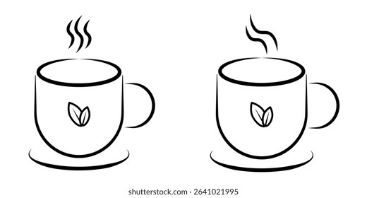 Herbal Tea Cup Minimalist Icon set. Clean and elegant line art vector icon of a steaming mug with a leaf detail, representing hot beverages, healthy living, and relaxation.